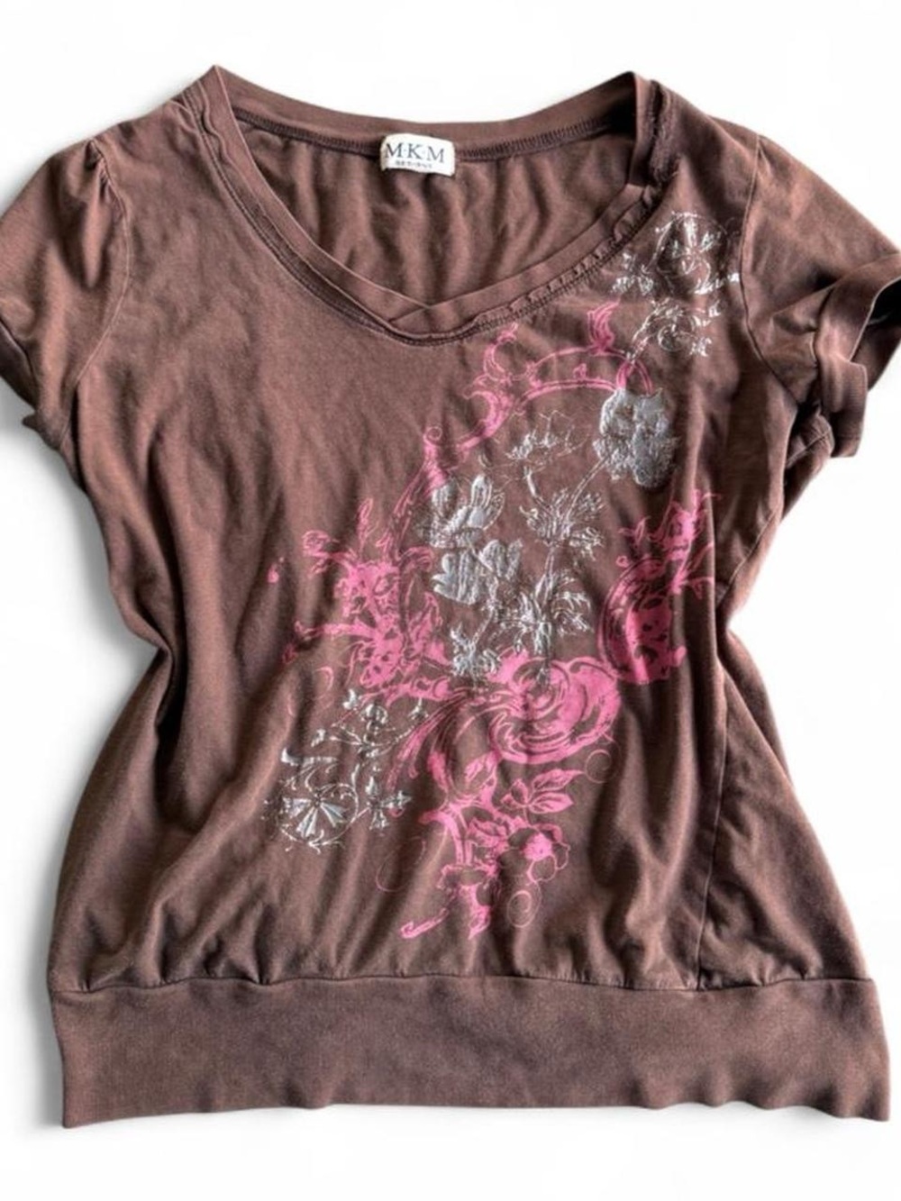 MKM Designs Brown V-Neck Tee with Pink & Silver Floral Graphic